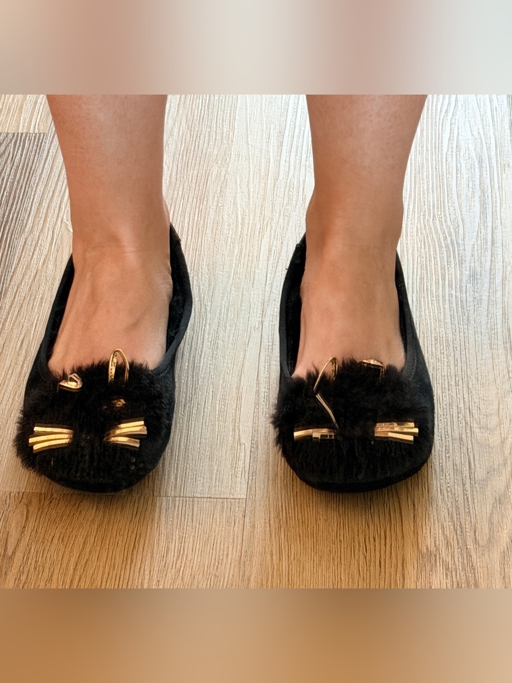 Kate Spade, Black Fuzzy Cat Face Slippers with Gold Accents, Black/Gold, 9 - Picture 10 of 13
